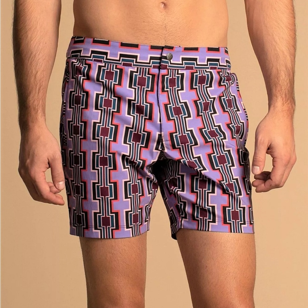 MR TURK Honolulu Ynez Print Men's Swim Bathing Trunks Shorts Purple 32" Purple - Picture 4 of 4